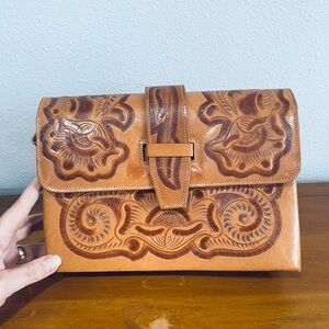 Tan and Brown Leather Clutch with Intricate Tooling